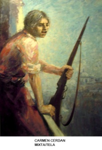 Una diosa mitológica de la guerra parecía Carmen Cerdán cuando arengaba a los revolucionarios. Y con ese empaque la plasmó el artista. Apoyada enérgicamente en la barandilla del balcón y  empuñando el fusil con mano crispada.
